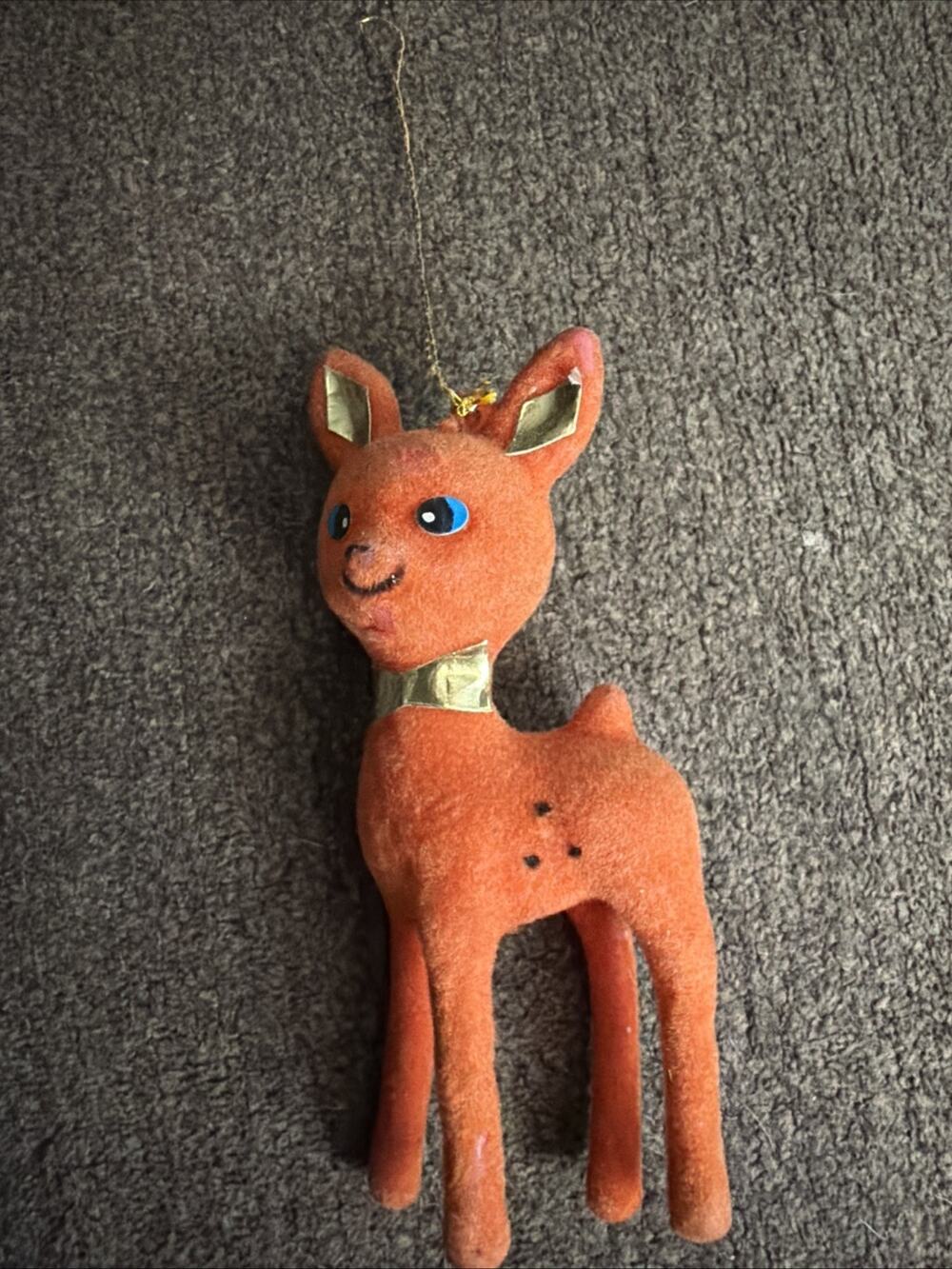 Vintage Red Reindeer Flocked Deer Ornament Christmas MCM Velvet Gold Doe Fawn